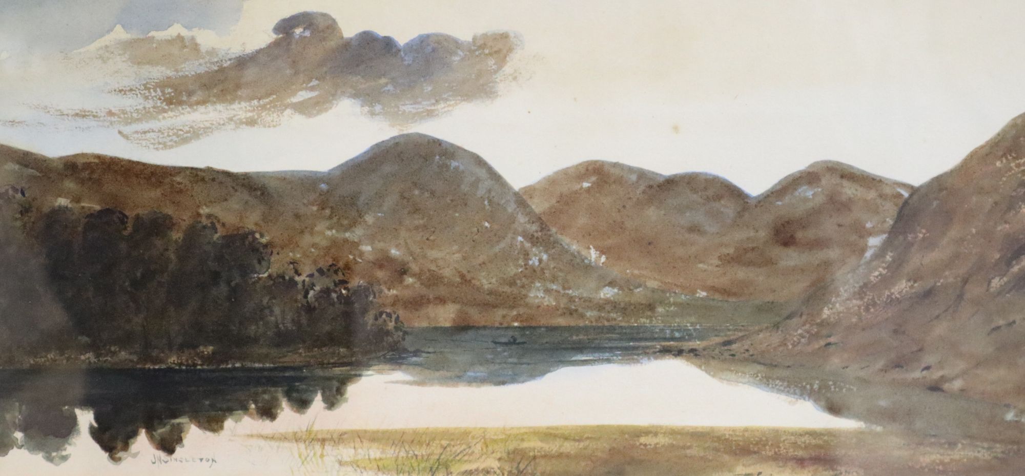 J.N. Singleton, watercolour with gum arabic, Lake scene, signed, 16 x 35cm